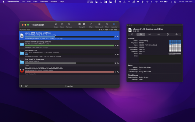 Exemplo oficial do modo escuro do Mac mostrando uma transferência e um inspetor do Ubuntu 21.10; não é uma captura nova de 4.1.3.