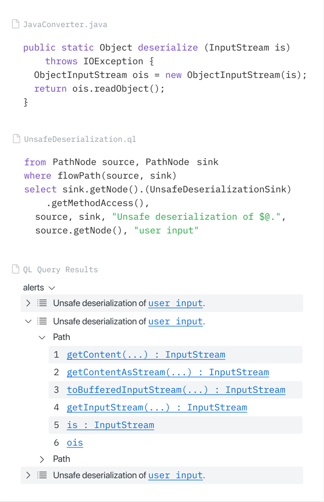 Official CodeQL website example of queries and results in VS Code; not a macOS CLI capture or a version-specific view.