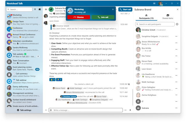 Official Windows preview showing example conversations, participants and an incoming call.