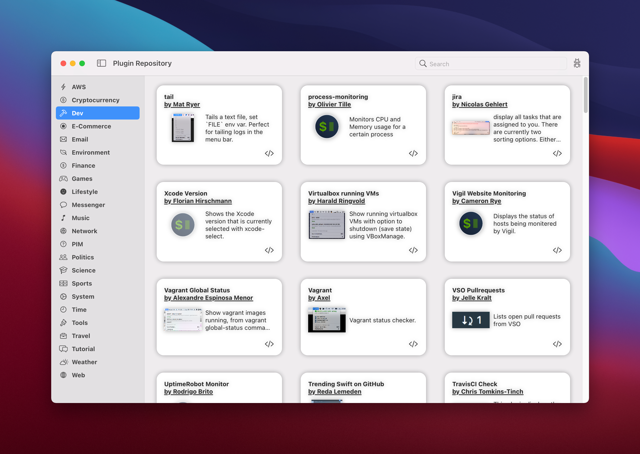公式READMEの歴史的なmacOSの例：Plugin Repositoryのカテゴリとカードを閲覧できます。現行バージョンのユーザーインターフェースではありません。
