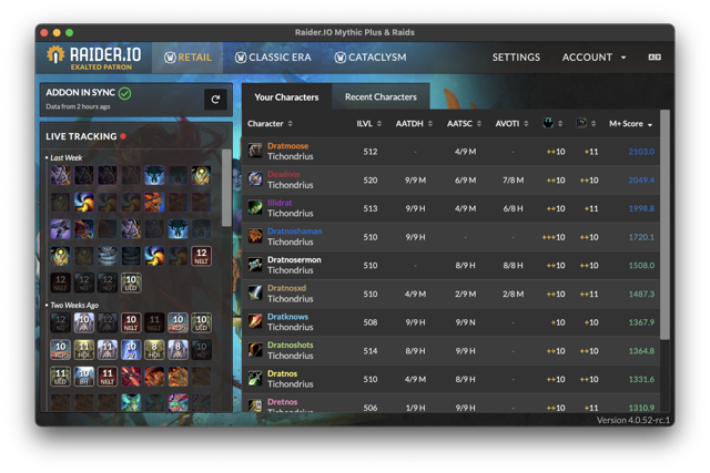 Raider.io Client for Mac — official character and tracking example (4.0.52-rc.1)