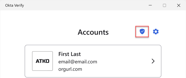 Official Windows Okta Verify Accounts crop; health icon highlighted. Not macOS. Exact version unknown.
