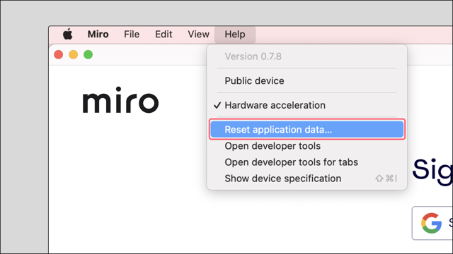 Official macOS desktop app: Miro menu with Reset application data