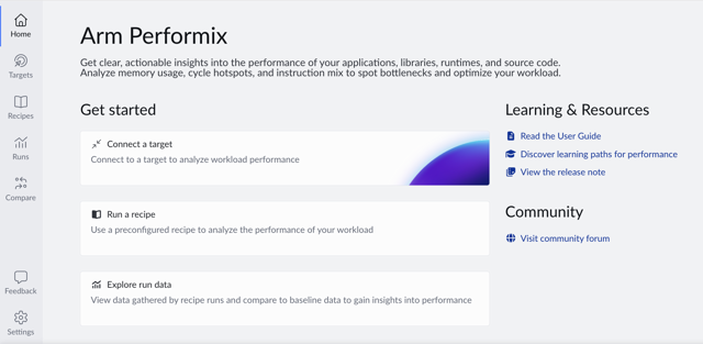 Arm Performix welcome workspace — interface example from the official Arm tutorial