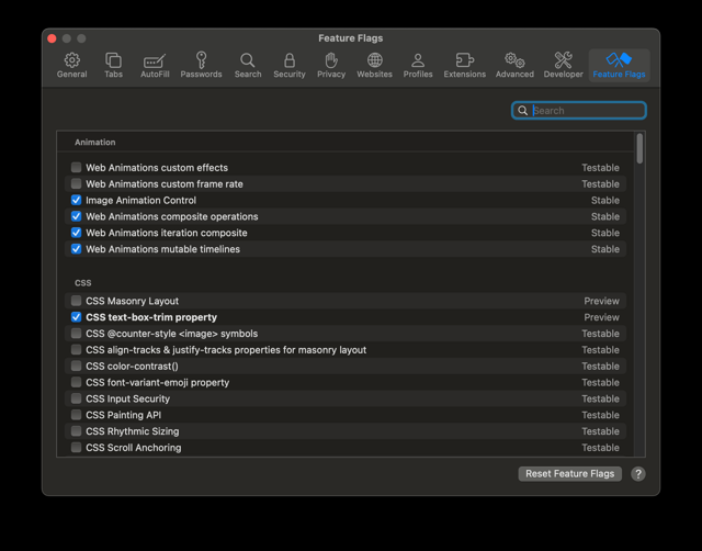 Opciones de funciones de Safari Technology Preview: ejemplo de la presentación oficial WebKit de 2023