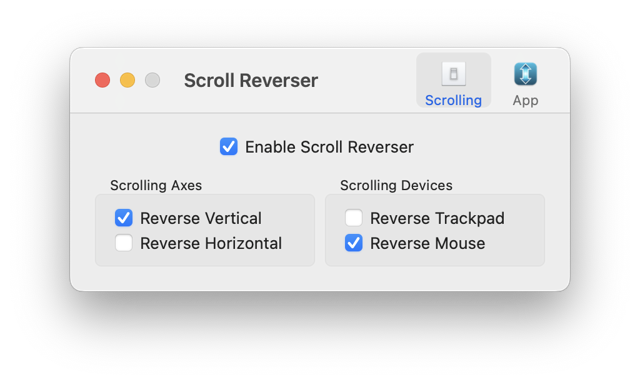 Official Mac Preferences showing axis and mouse/trackpad reversal controls; exact version unspecified.