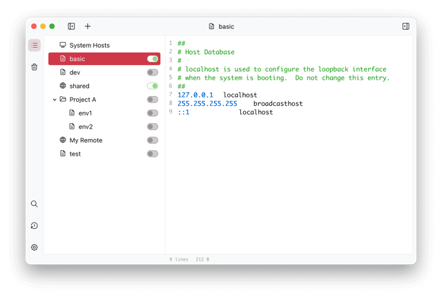 Official README: hosts editor and configuration list, with macOS-style controls and decorative framing.