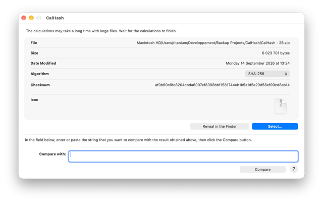 CalHash main window: official Mac screenshot with a sample ZIP file, SHA-256 checksum and comparison field