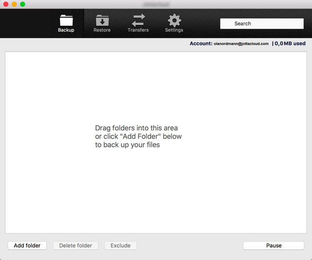 Jottacloud backup window: historical Mac version from the official installation guide; sample account