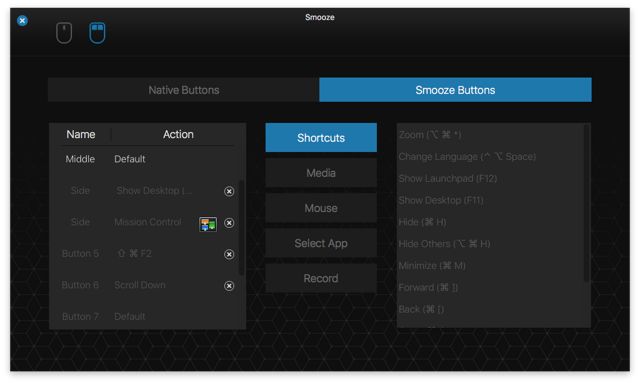 Official website preview of Smooze mouse-button mappings and shortcuts.