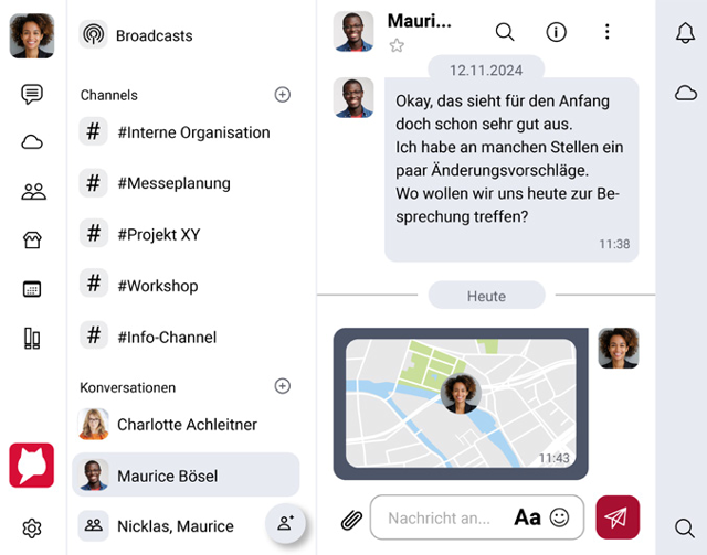 Official February 2025 shared desktop/web chat example with sample contacts; not a current macOS test.
