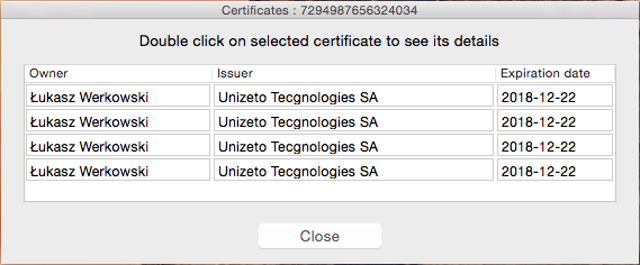 SimplySign Desktop for Mac — historical sample certificate list from the official manual