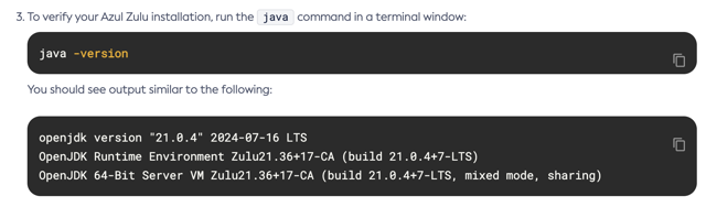 macOS での Zulu インストール確認（公式ドキュメント、JDK 21 の例）