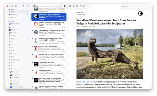 NetNewsWire公式7のMac閲覧ウィンドウのスクリーンショット。正確なアプリのビルド番号は不明。