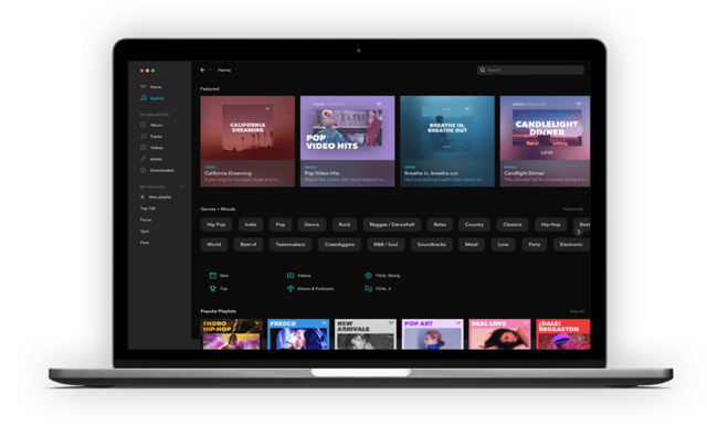 Official Mac device presentation: TIDAL Explore and playlists on a MacBook; not a current build test.