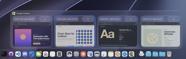 Ilustración oficial de vista previa del Dock de Mac que muestra cuatro ventanas de Chrome y controles; versión exacta de la aplicación no especificada.