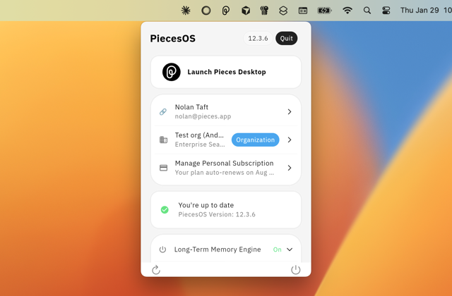 macOS Quick Menu — official documentation screenshot (PiecesOS 12.3.6 example)
