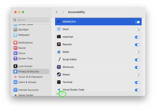 Official MiddleClick setup guide: macOS Accessibility list and removal control; historical system UI, not the app menu.
