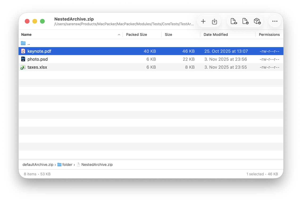 Official MacPacker nested-ZIP browsing example with keynote.pdf selected; no version, extraction success or 7z editing is shown.