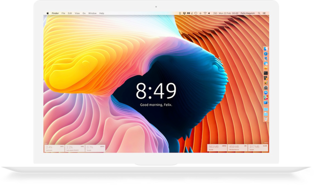 Captura de pantalla oficial de los widgets de escritorio de Übersicht, enmarcada en una ilustración de un portátil; no se especifica la compilación histórica.