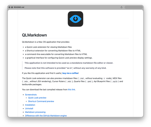 Official Mac Quick Look README preview example; illustrative upstream screenshot, not a fresh 1.5.7 capture.