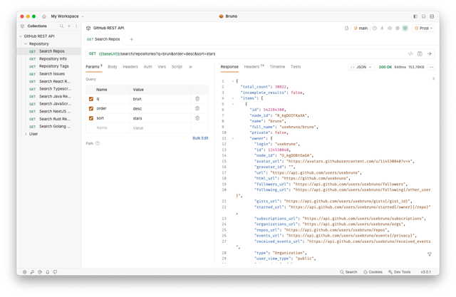 v3.0.1 と記された公式の Mac ワークスペース例: GitHub API リクエストパラメータと JSON レスポンスです。