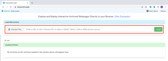 Official browser-version screenshot with the archive loader highlighted.
