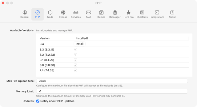 Official Herd macOS website screenshot of PHP settings; not verified as the latest build.