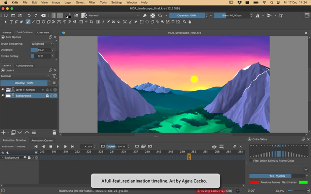 Publisher-linked Mac App Store screenshot of Krita on macOS with animation timeline; historical build unspecified.