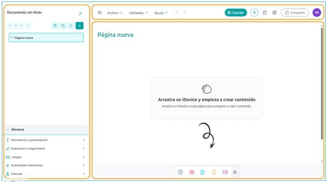 Annotated Spanish editor workspace from the official INTEF user manual.