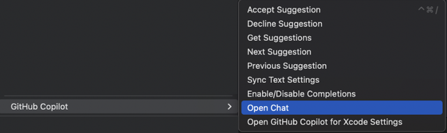 Official documentation screenshot of Xcode’s GitHub Copilot menu; not verified as the latest build.