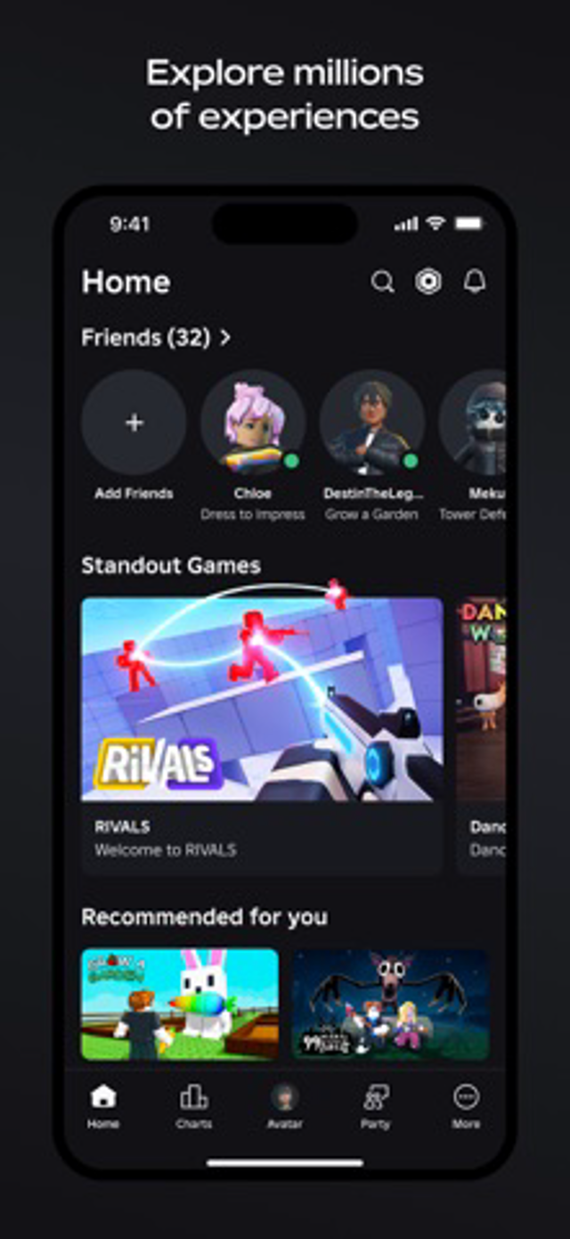 Official Roblox mobile player Home, friends and navigation promotion; not a Mac capture, build unspecified.