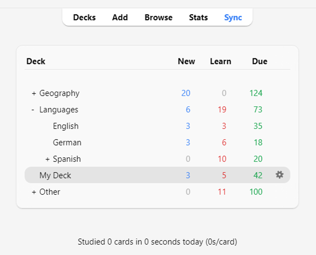Official Anki manual deck-list screenshot; exact version and operating system are not identified.