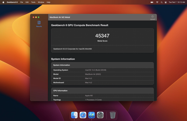Official historical Geekbench 6.0 GPU result example on macOS 13.