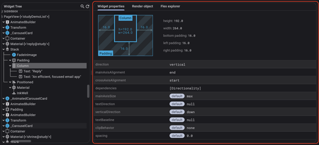 Ejemplo oficial de DevTools: inspecciona las dimensiones de diseño y el padding en el Widget Explorer.