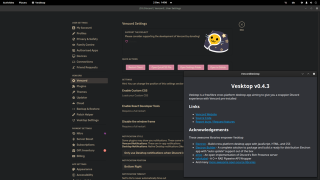 Historical Linux desktop: Vesktop v0.4.3 About over Vencord settings; not current macOS. Original source unbound.