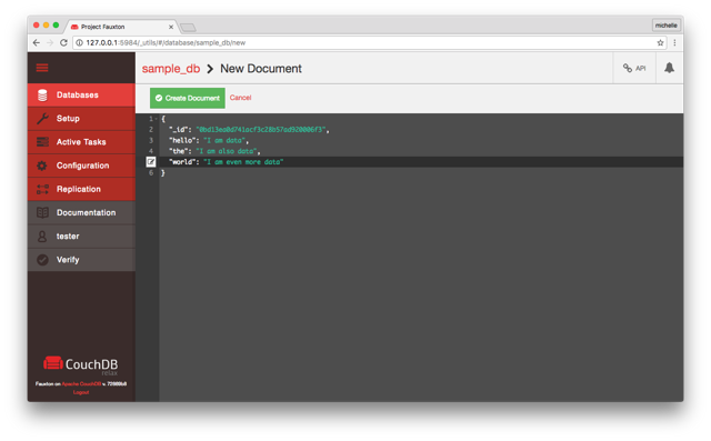 Fauxton JSON document editor — interface example from the official visual guide