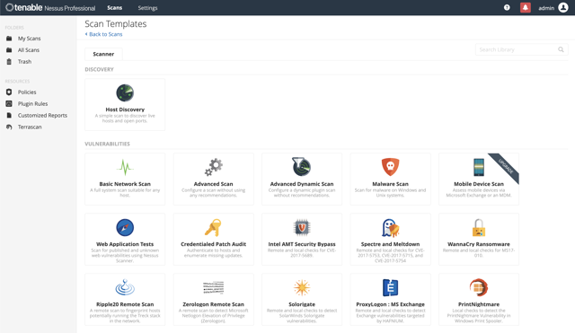 Official Nessus Professional preview of the scan template library.
