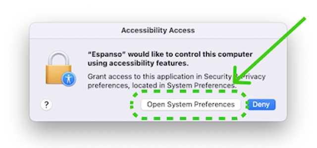 Официальное диалоговое окно начальной настройки универсального доступа macOS; с аннотациями издателя.