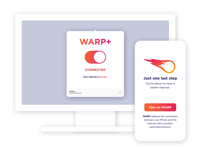 Official consumer WARP desktop/mobile promotional illustration; historical UI, not the current Mac client.