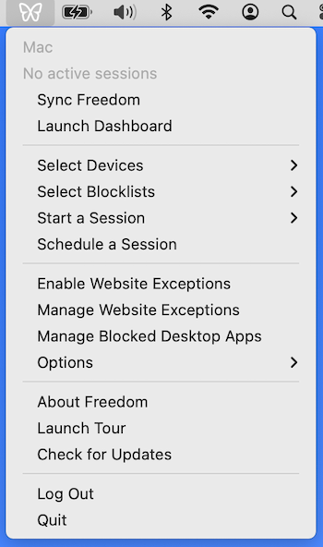 Official Mac menu showing session controls, website exceptions and app blocking.