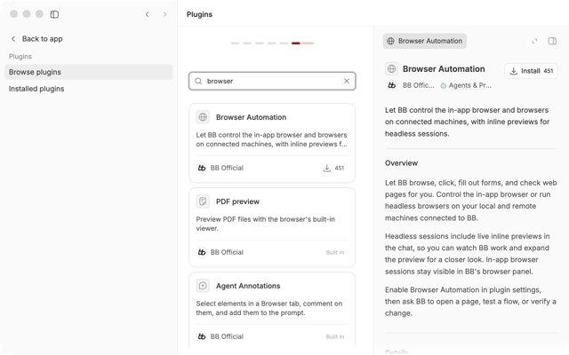 bb plugin management and Browser Automation plugin details.
