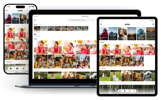 Official product preview of Ente Photos on desktop, phone and tablet.