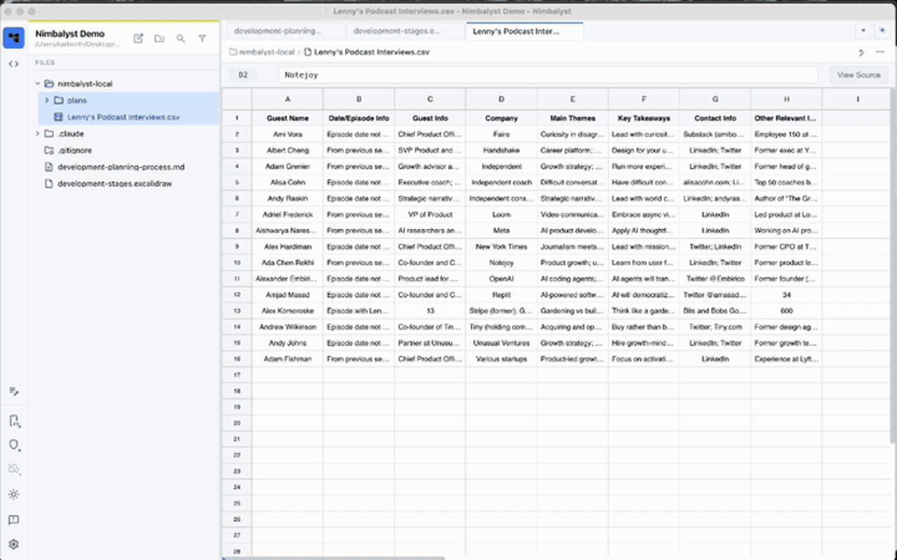 Official Nimbalyst CSV demo frame showing headers and records, not a version-specific diff or a hands-on test.