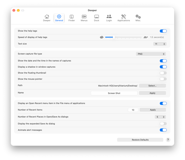 Deeper: official Mac screenshot gallery, General settings with example capture options and path