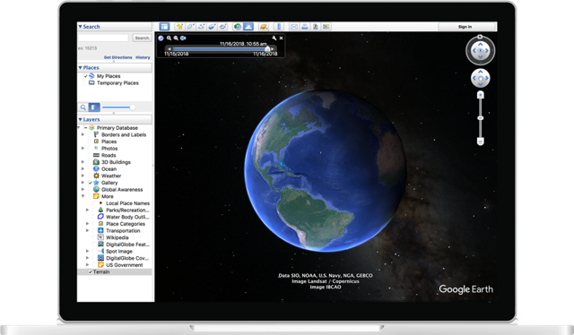 Google Earth Pro desktop in the official download-page showcase (historical interface illustration)