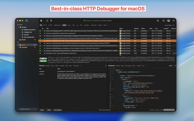 Official Proxyman macOS 26 promotional dashboard showing captured requests and JSON previews; build unspecified.
