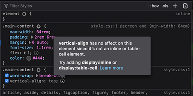 Official Firefox Developer Edition CSS Inspector example explaining an inactive property; exact build not specified.
