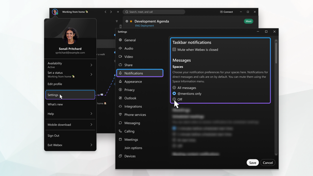 Official Webex desktop notification-settings example from Cisco’s getting-started guide.