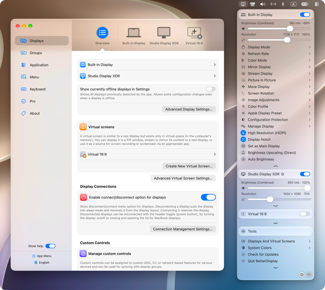 Exemplo oficial de configurações e barra de menus do BetterDisplay com monitores físicos e virtuais; alguns controles exigem Pro.
